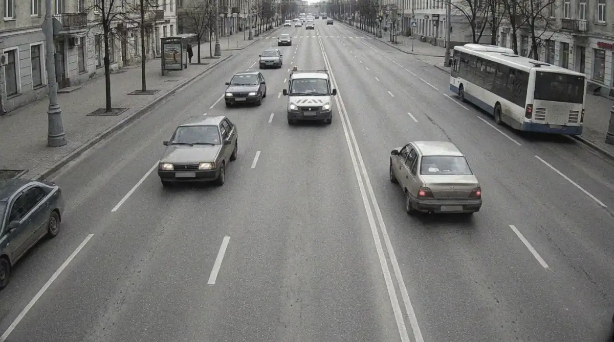 Fixed road camera frame used by the game: four lanes, cars and a bus approaching the detection line